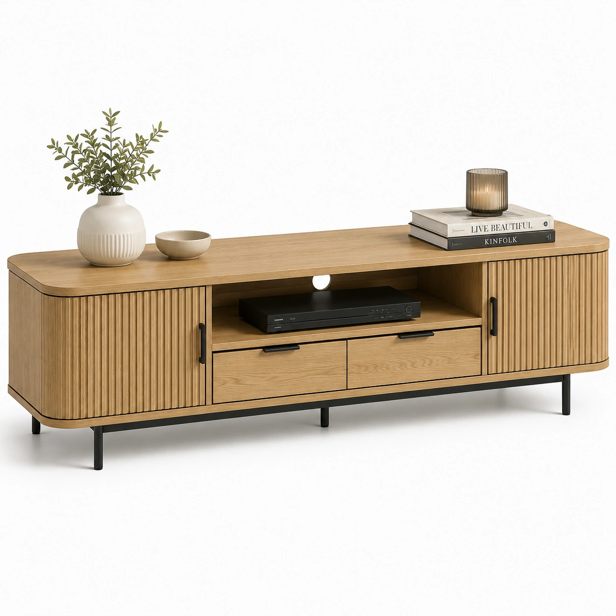 Szafka RTV Dab Naturalny z Czarnymi Akcentami 180 cm-CorvelleHome